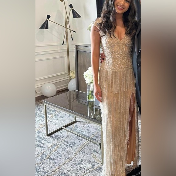 Jovani beige and silver tassel maxi dress open back - Picture 7 of 12